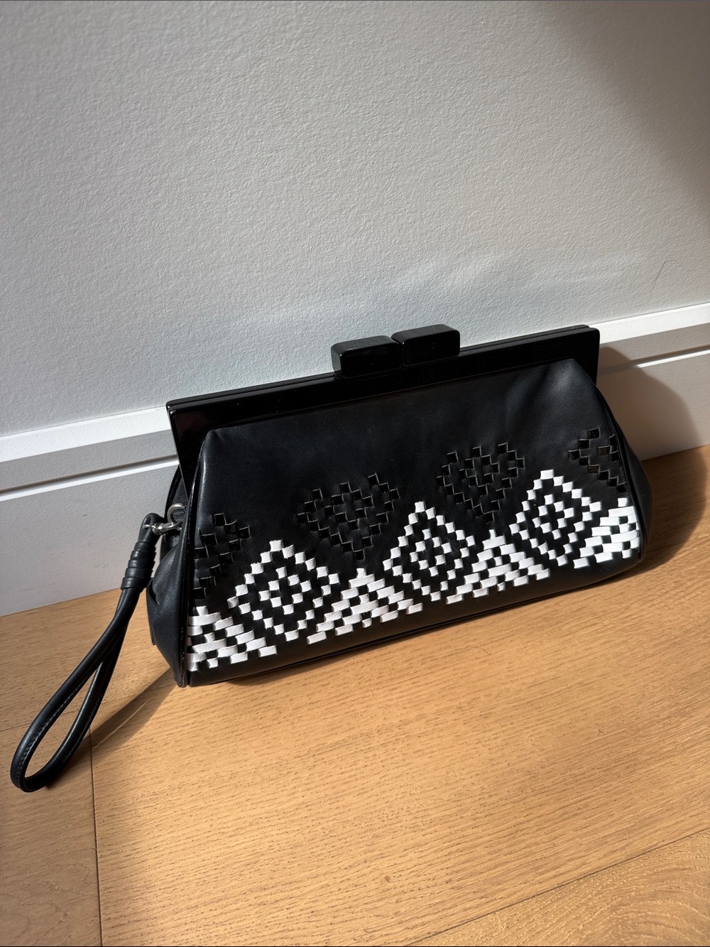 Koret Black and White Woven Diamond Wristlet Clutch